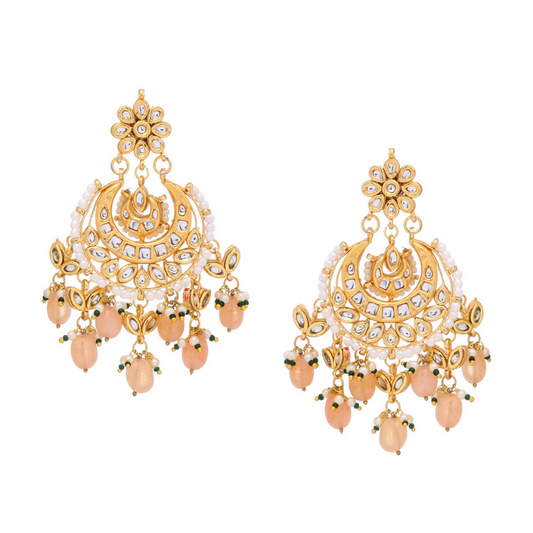 Peach Gold-plated Kundan Studded Drop Earrings