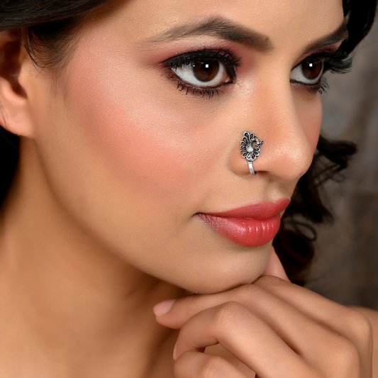 Oxidised Silver-Plated Peacock Clip on Nosepins