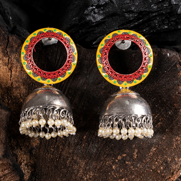 Silver-Toned Oxidised Red Yellow Jhumkas
