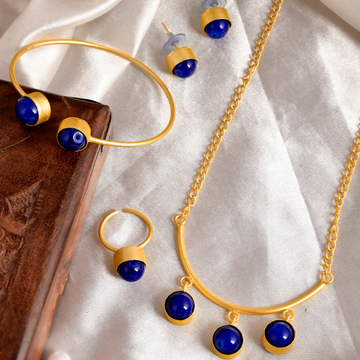 Set of 4 Gold-Plated Blue Stone Studded Long Necklace