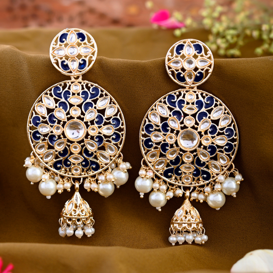Shoshaa Gold-Plated Handcrafted Blue  Kundan Drop Earrings