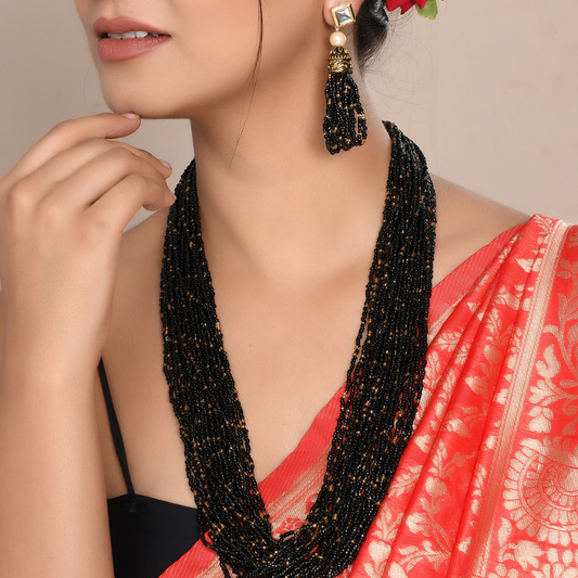 Gold Plated Black Layered Long Necklace