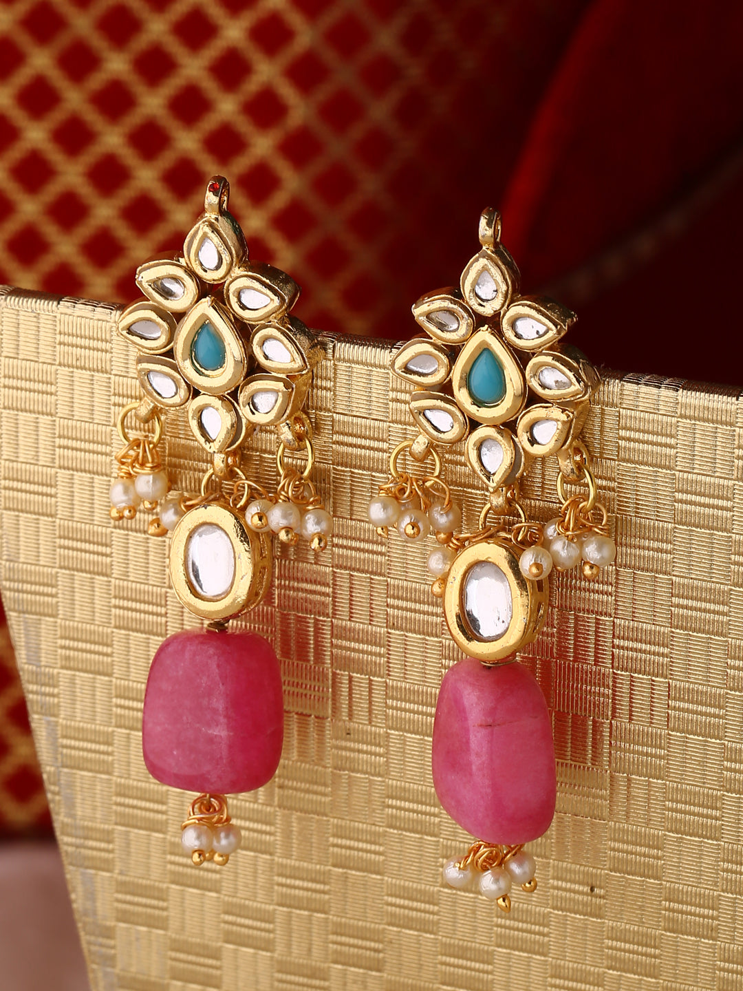 Pink color Gold-plated Kundan Drop Earrings