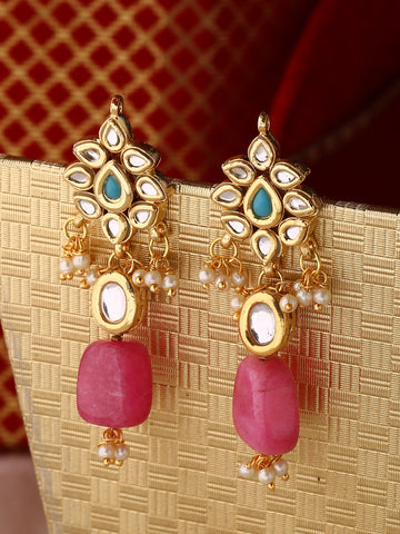 Pink color Gold-plated Kundan Drop Earrings