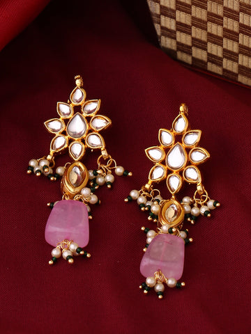 Pink Gold-plated Kundan Style Drop Earrings