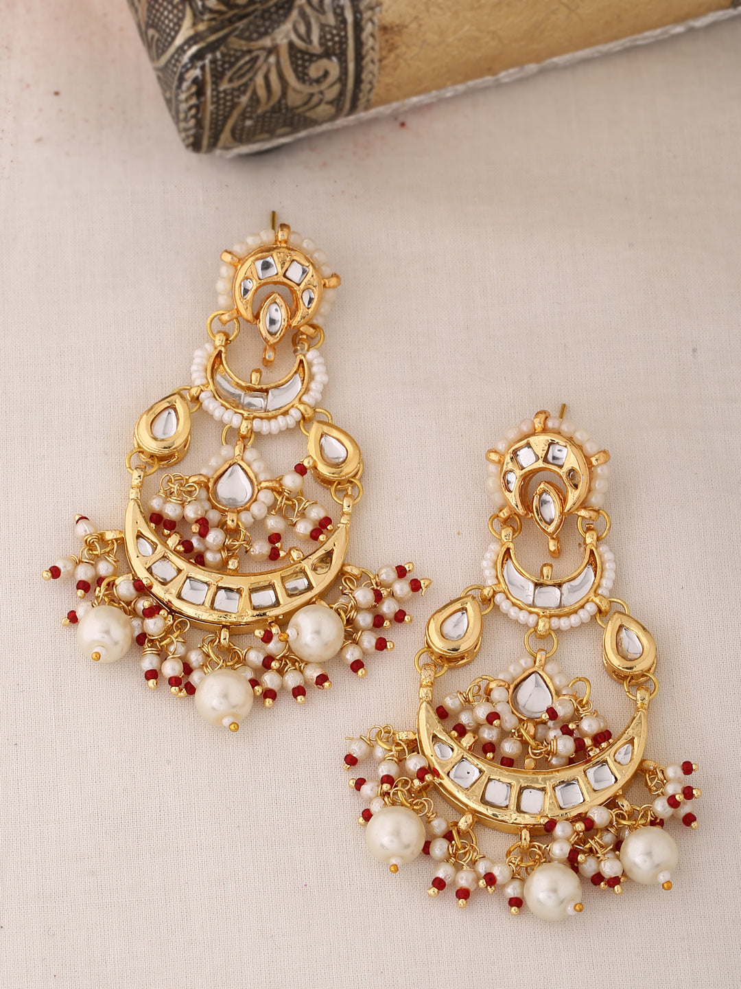 Gold-Plated Kundan & Pearl Drop Earrings