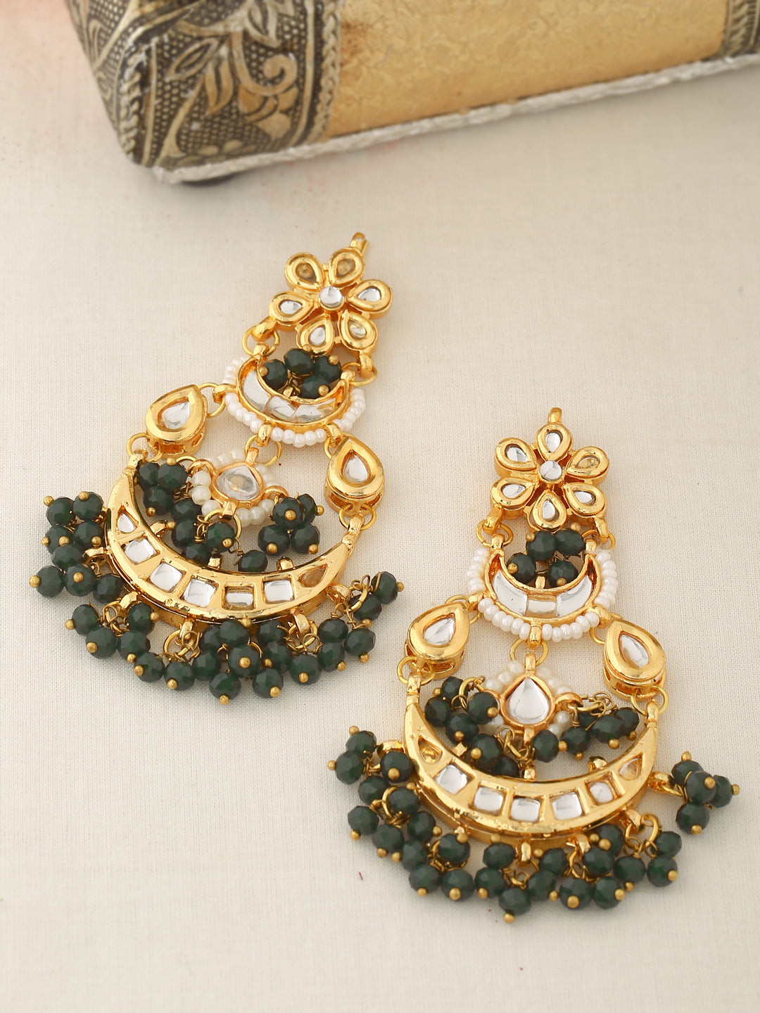 Green Gold-Plated Classic Kundan Drop Earrings