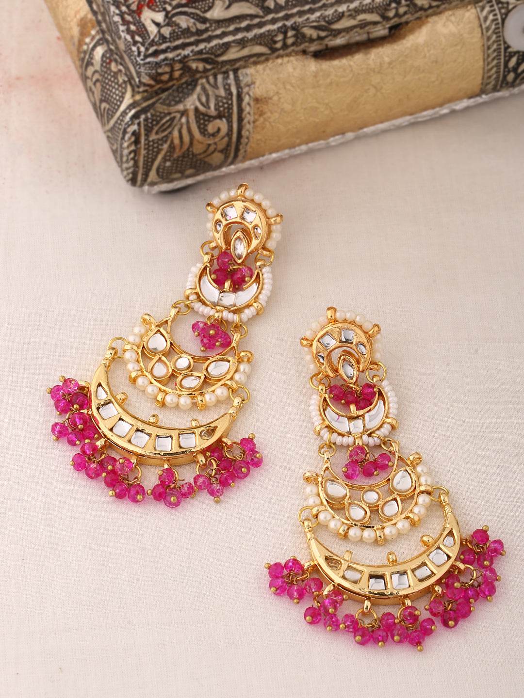 Pink Gold-toned Kundan Drop Earrings