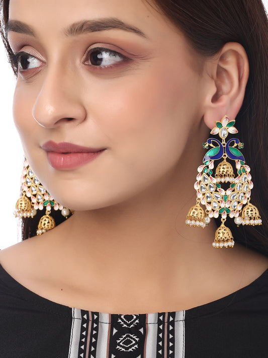 Green Gold plated Peacock pattern Jhumkas