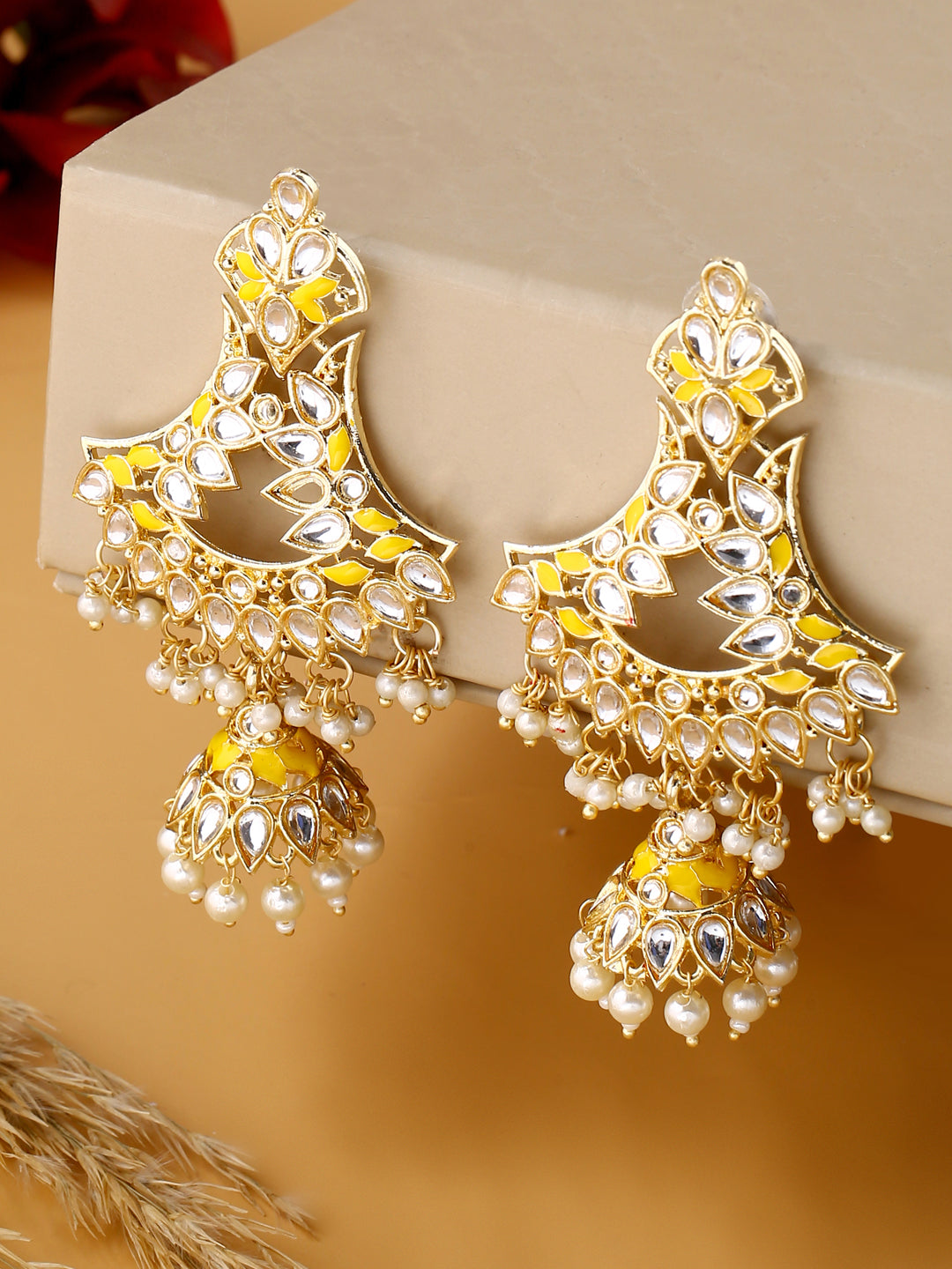 Yellow Gold-Plated Kundan Studded Jhumkas