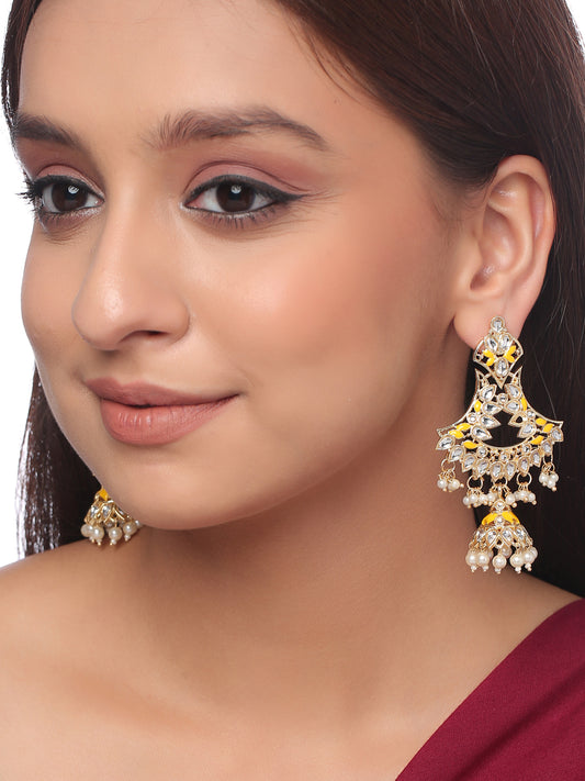 Yellow Gold-Plated Kundan Studded Jhumkas