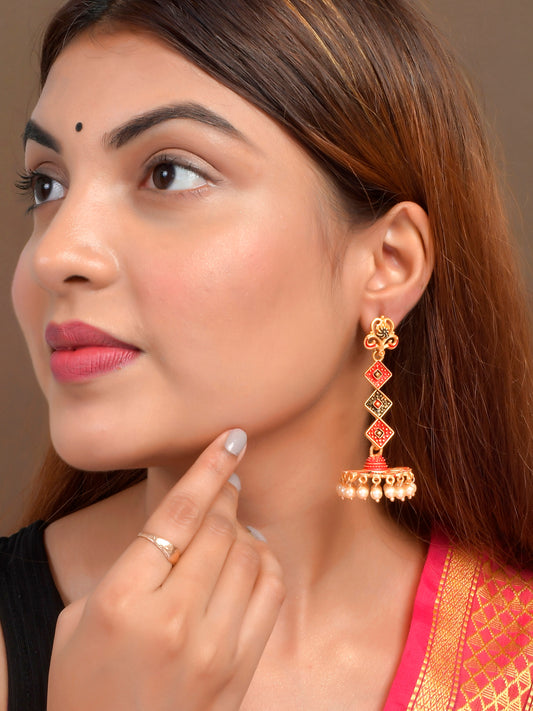 Red Black Gold-Plated Kundan Jhumkas