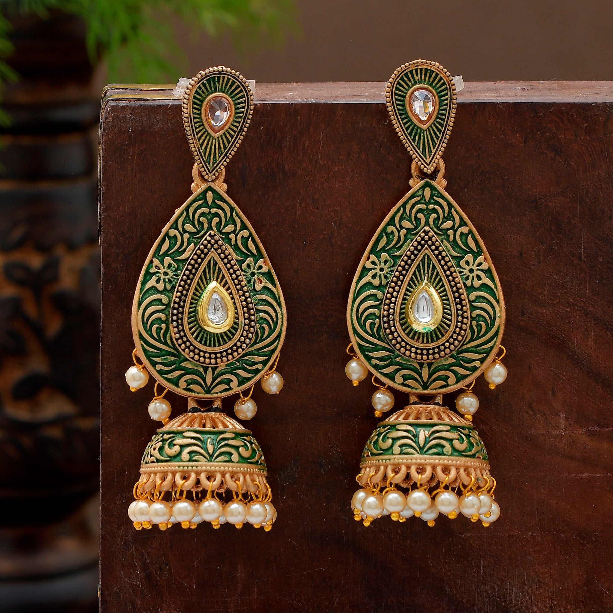 Green Gold-Plated Kundan Studded Jhumkas