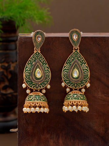 Green Gold-Plated Kundan Studded Jhumkas