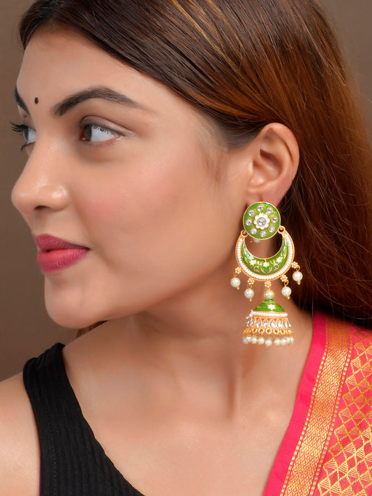 Green Gold-Toned Kundan Jhumkas