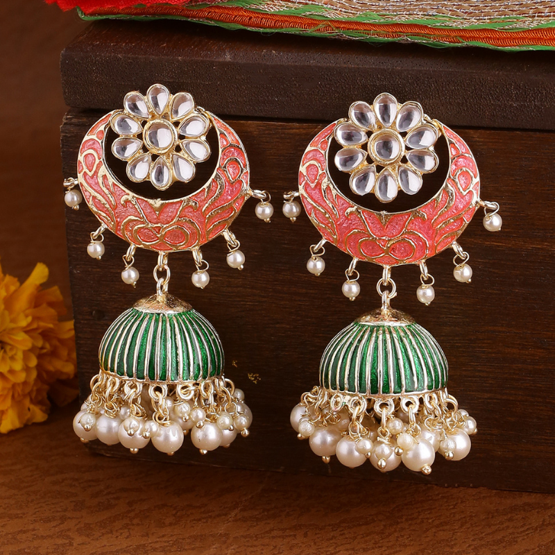 Gold-Plated Pink Green Jhumkas