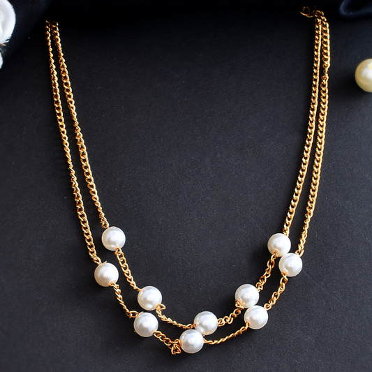 Gold-Plated White Pearl Beaded Short Necklace