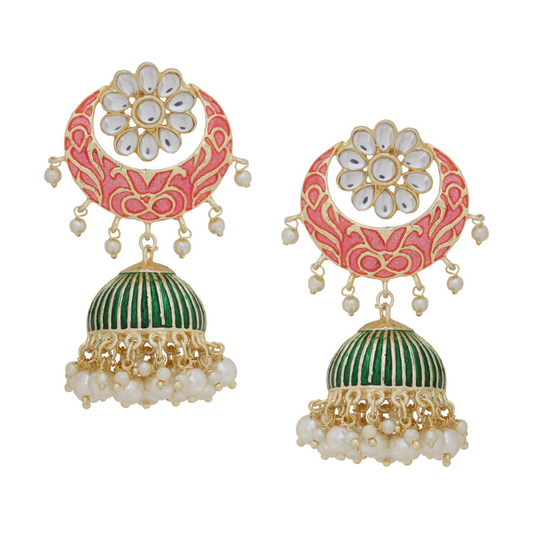 Gold-Plated Pink Green Jhumkas