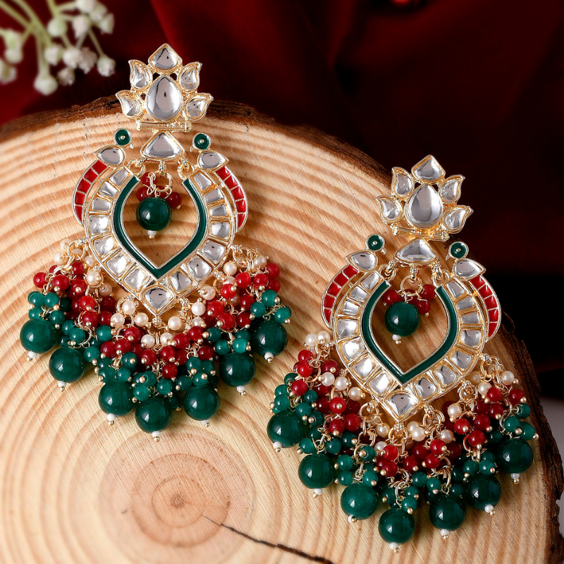 Green Red Gold-Plated Kundan Drop Earrings