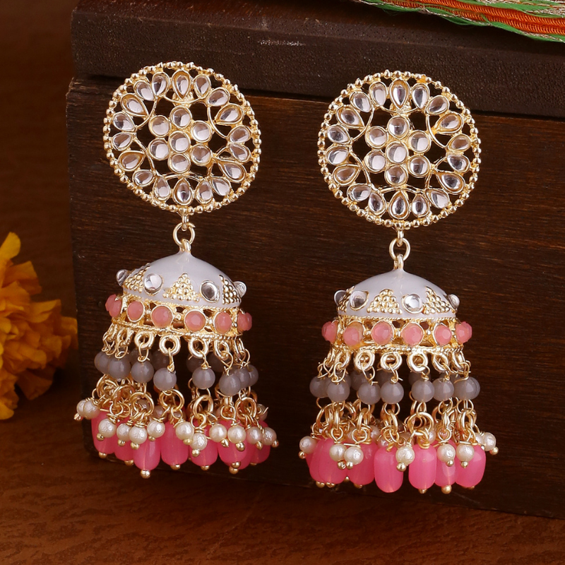 Gold-Plated Grey Pink Jhumkas