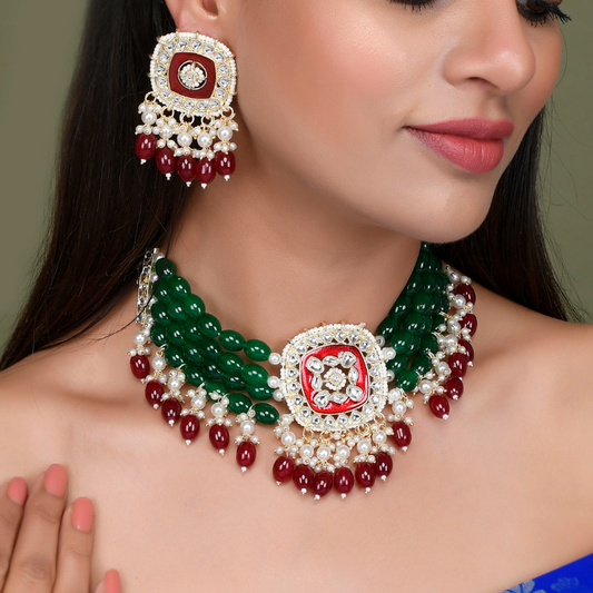 Gold-Plated Red Green Bridal Kundan Choker