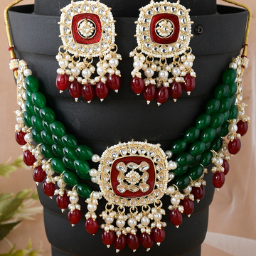 Gold-Plated Red Green Bridal Kundan Choker