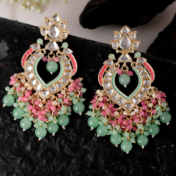 Green Pink Gold-Plated Kundan Drop Earrings