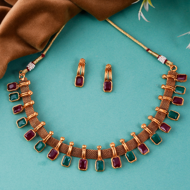 Gold-Plated Green Maroon Stones Studded Short Necklace