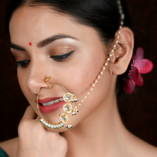 Gold-Plated Kundan Beaded Bridal Nosepins