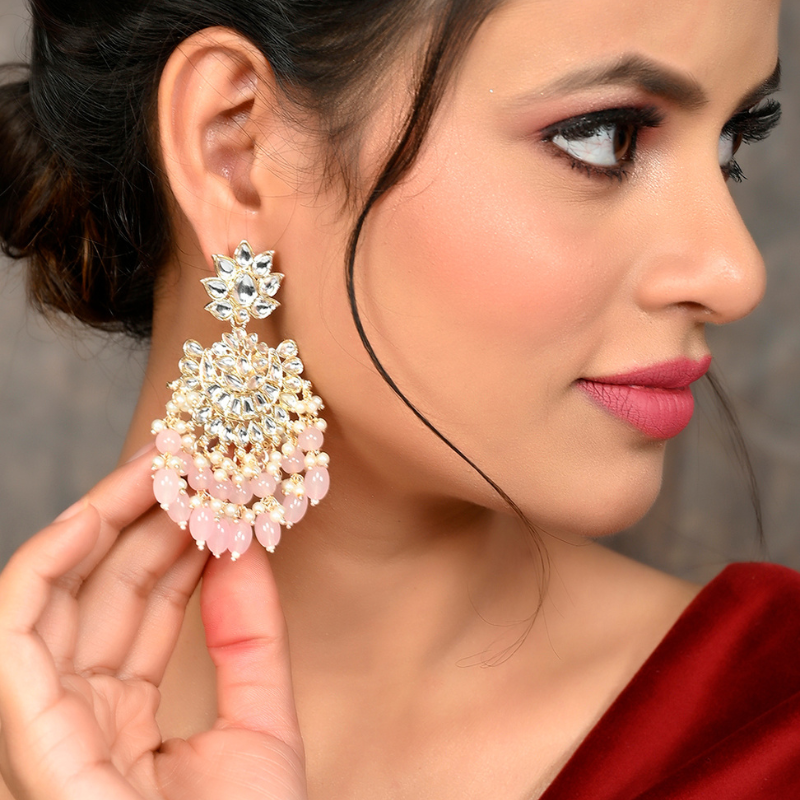 Gold-Plated Pink Kundan Drop Earrings