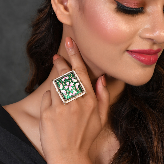 Green Gold-Plated Kundan Cocktail Rings