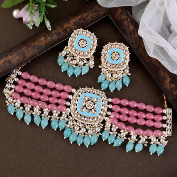 Gold-Plated Pink Turquoise Bridal Kundan Choker