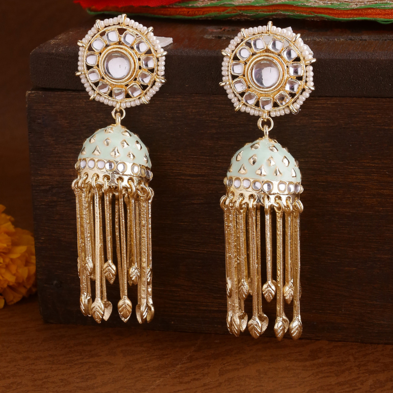 Gold-Plated green Kundan Jhumkas