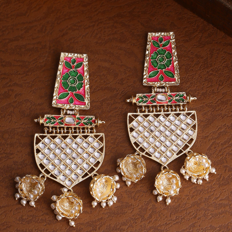 Gold-Toned Pink Classic Kundan Drop Earrings