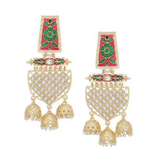 Gold-Toned Pink Classic Kundan Drop Earrings