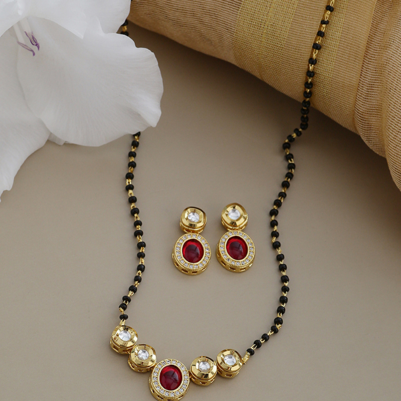 Gold-Toned Kundan & Ruby Studded Mangalsutra