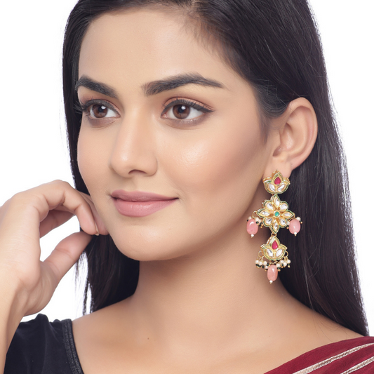 Pink Gold-plated - Kundan Drop Earrings