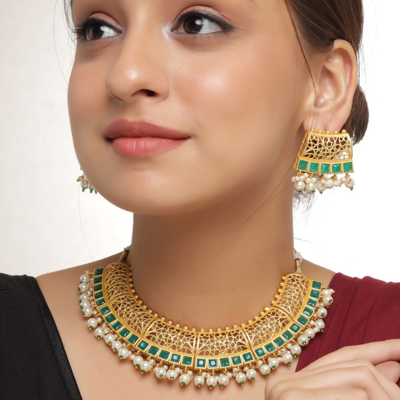 Gold-Plated Green Stones Studded Short Necklace