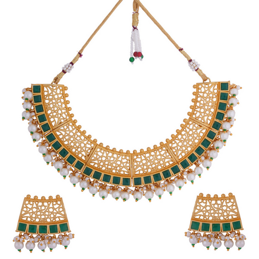 Gold-Plated Green Stones Studded Short Necklace