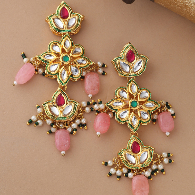 Pink Gold-plated - Kundan Drop Earrings