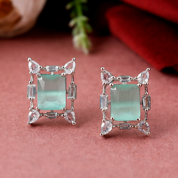 Silver-Toned Green Contemporary Studs