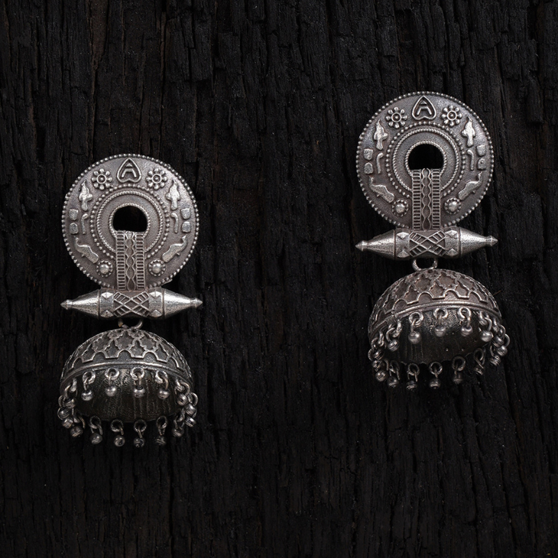 Silver-Plated Oxidised Dome Shaped Jhumkas