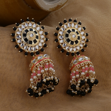 Black Pink Kundan Studded Jhumkas