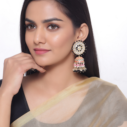 Black Pink Kundan Studded Jhumkas