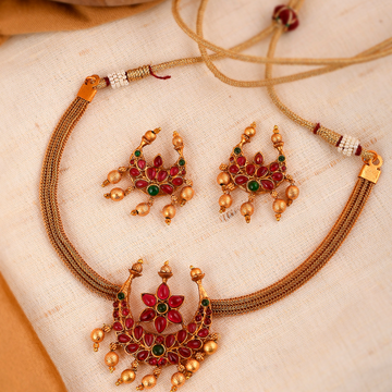 Gold-Plated Magenta Stone Studded Short Necklace