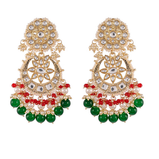 Gold-Plated Red Green Kundan Drop Earrings