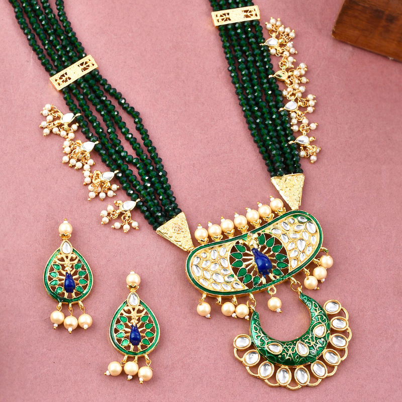 Gold-Plated Green Kundan Short Necklace