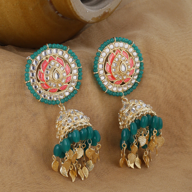 Gold-Plated  Green Dome Shaped Jhumkas