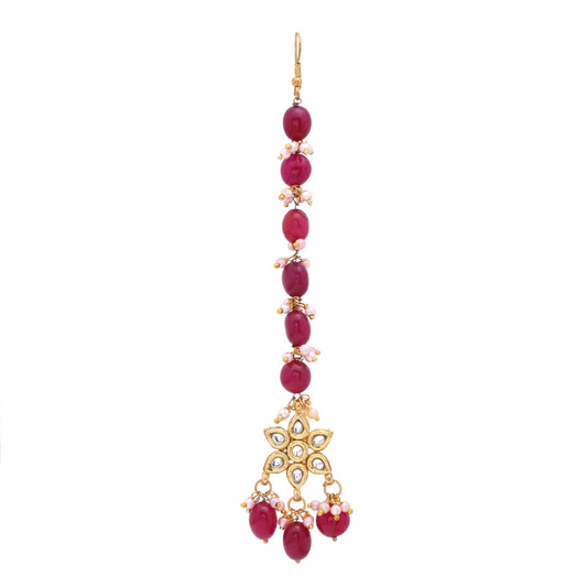 Gold-Plated Maroon kundan studded Maangtika