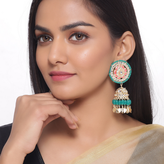 Gold-Plated  Green Dome Shaped Jhumkas
